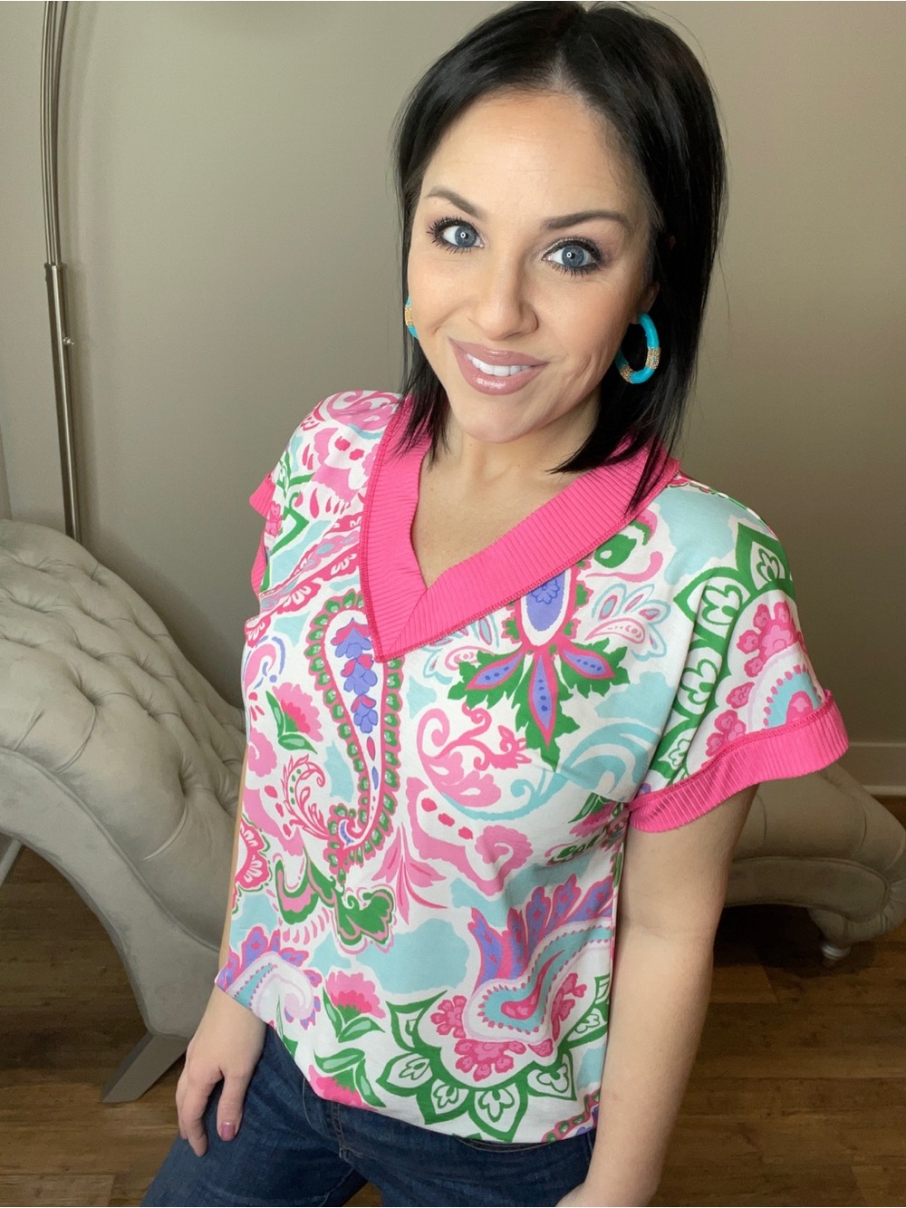 Small Medium V-Neck Paisley Print Top in Pink and Green